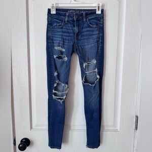 American Eagle Outfitters Women's Dark Blue Ripped Skinny Jeans